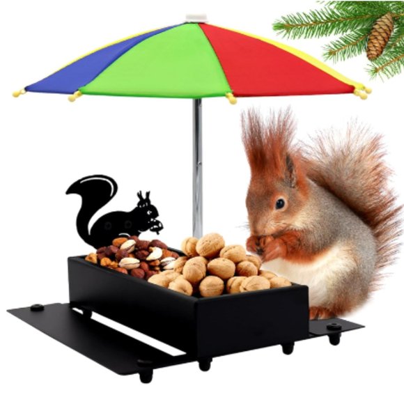 Squirrel & Chipmunk Miniature Metal Picnic Table w/Corn Cob Holder & Umbrella - Picture 1 of 12